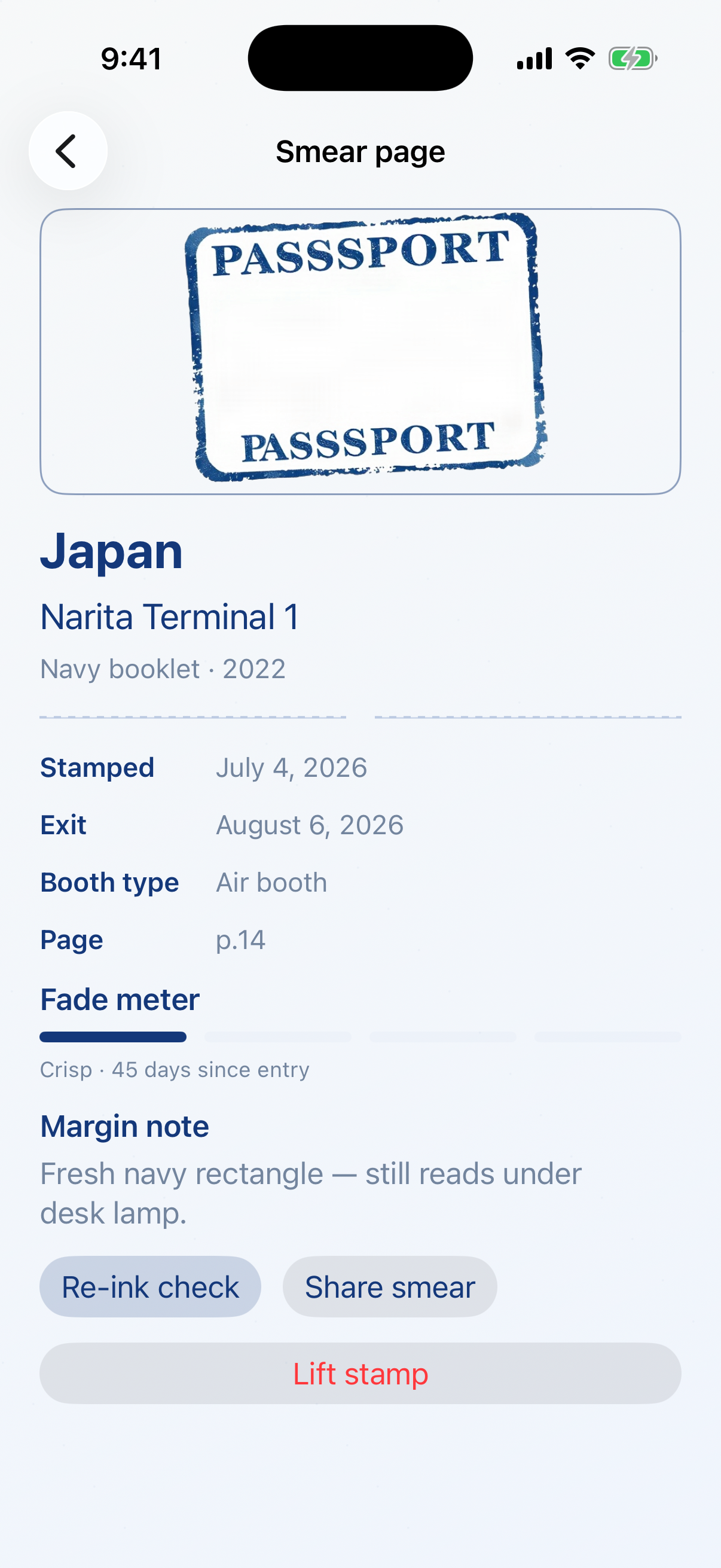A smear page showing a stamp photo, fade reading, and margin note