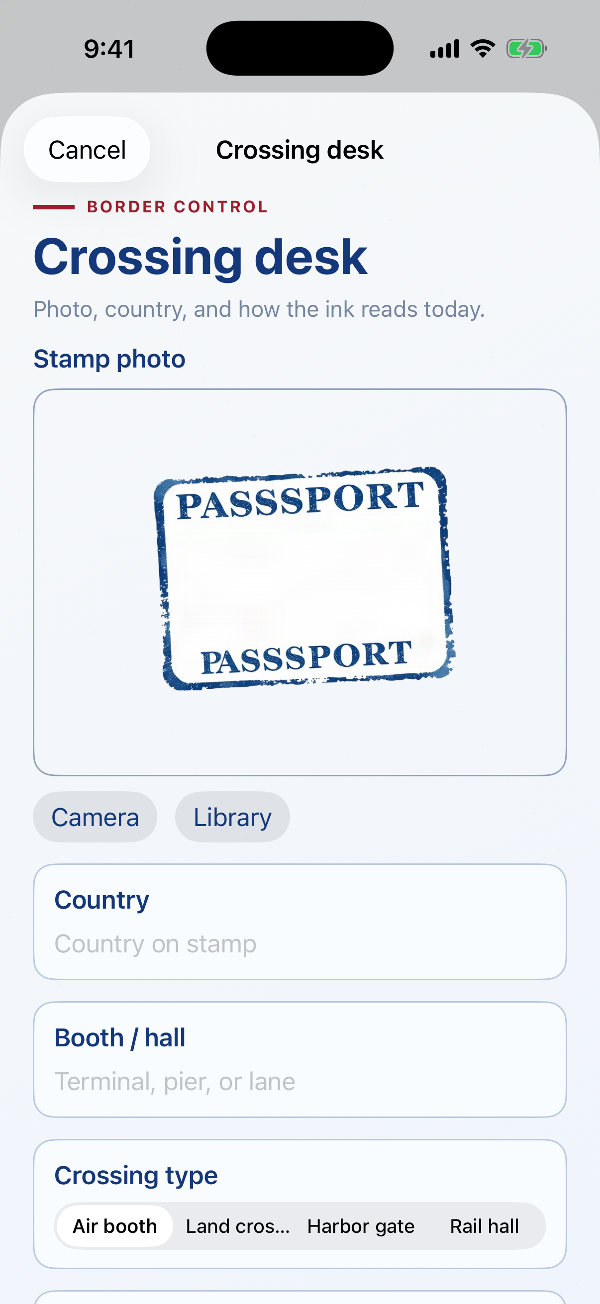 Crossing desk fields for country, hall, ink hue, and dates